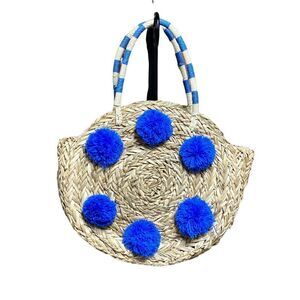 Mud Pie Straw Blue Pom Pom Circle Tote Bag NWT